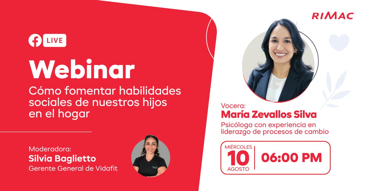 #WebinarRIMAC

En RIMAC velamos por tu bienestar, por ello, únete a nuestro webinar para saber cómo fomentar las habilidades sociales de los más pequeños en casa.

🗓 Miércoles 10 de agosto.
⏰ 6:00 p.m.  
‍A cargo de: Psicóloga María Zevallos Silva

👉 bit.ly/3vCHIdN