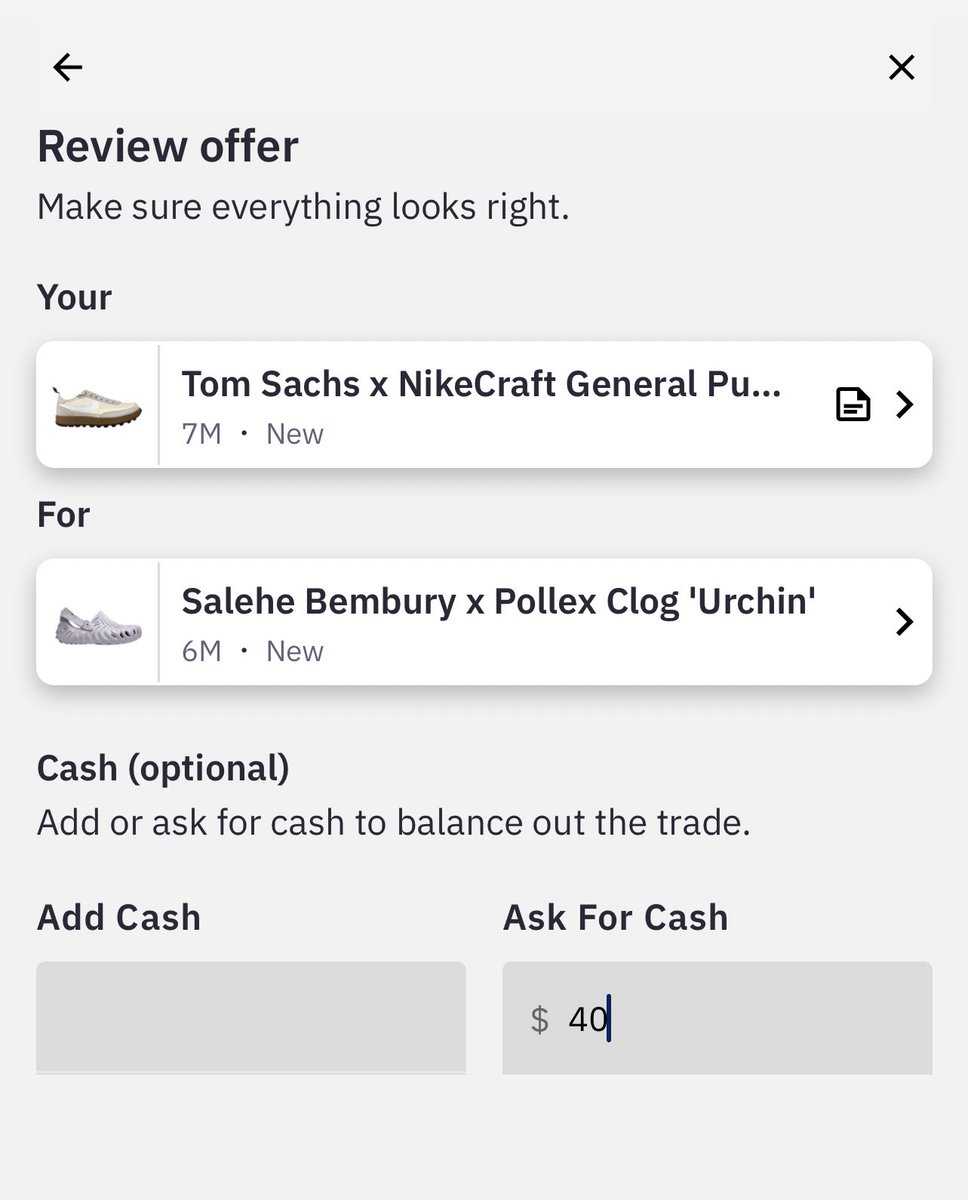 tradeblock_us's tweet photo. I’m trying to trade my 2nd pair of Tom Sachs and need some help…before I send this offer, what do you guys think? 👇👇 #TradeHelp https://t.co/zGJQF5he54