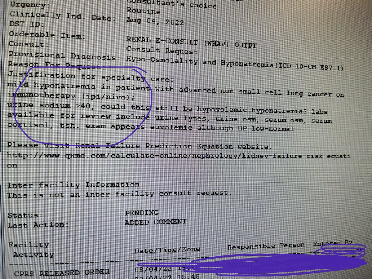 NamrataKrishna3's tweet photo. Perfectly timed Renal e-consult received right after the amazing talk. Pt with worsening hyponatremia , lung cancer and on ipilimumab therapy ! Studies compatible with SIADH , raising the question of opinion related hypophysitis. Work up pending.@YaleNephrology @YaleIMed #VACT https://t.co/mRgVrzmByT