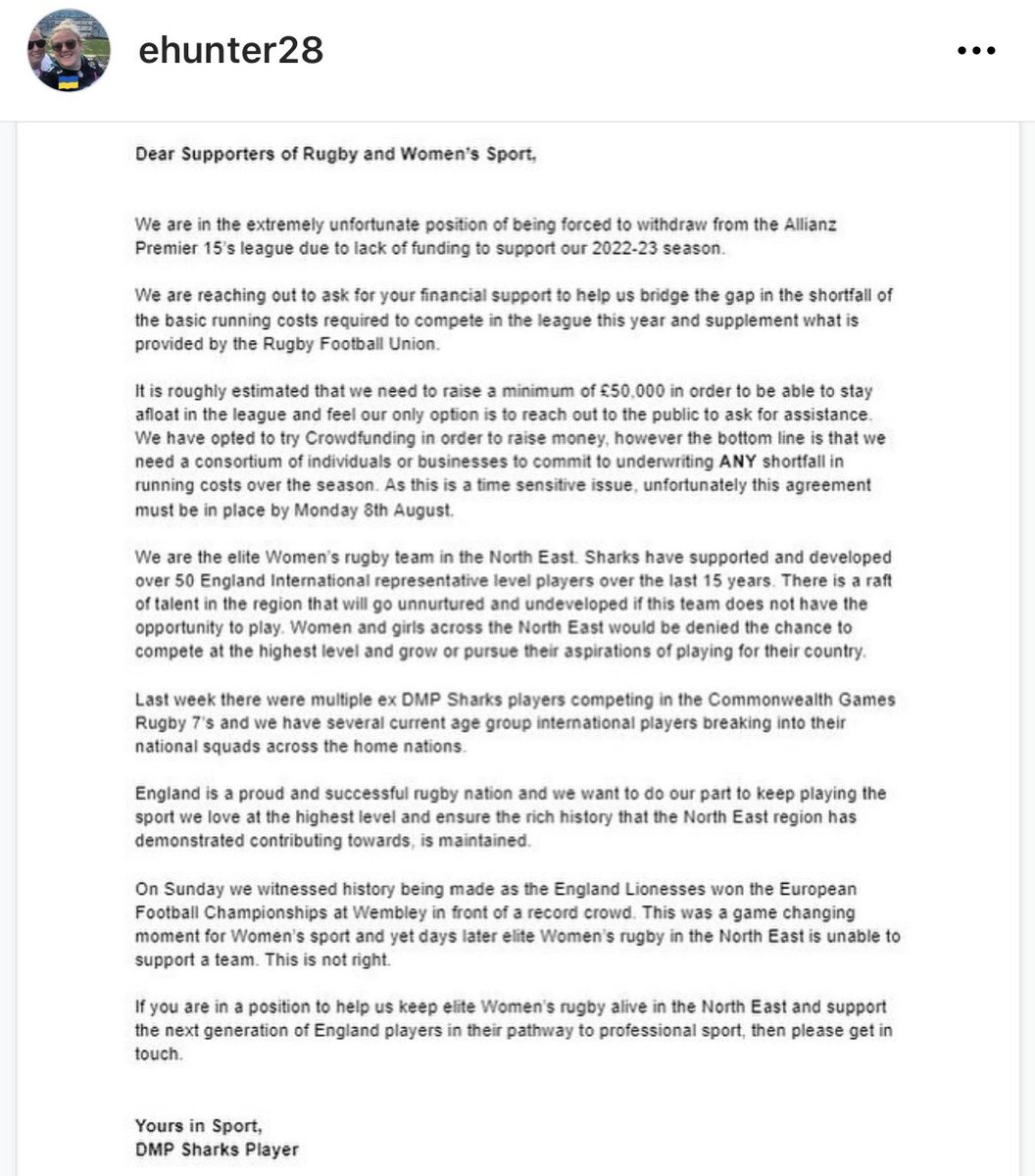 The Womens Rugby Show (@womensrugbyshow) on Twitter photo An open letter from Emily Hunter and the <a href="/DMP_Sharks/">DMP Sharks</a> players.
Huge support needed in order for the side to compete in next years #Premier15s.
Please read and then share far and wide and check out the below Go Fund Me link -
crowdfunder.co.uk/p/keep-elite-w…
#womensrugby #wrugby An open letter from Emily Hunter and the <a href="/DMP_Sharks/">DMP Sharks</a> players.
Huge support needed in order for the side to compete in next years #Premier15s.
Please read and then share far and wide and check out the below Go Fund Me link -
crowdfunder.co.uk/p/keep-elite-w…
#womensrugby #wrugby