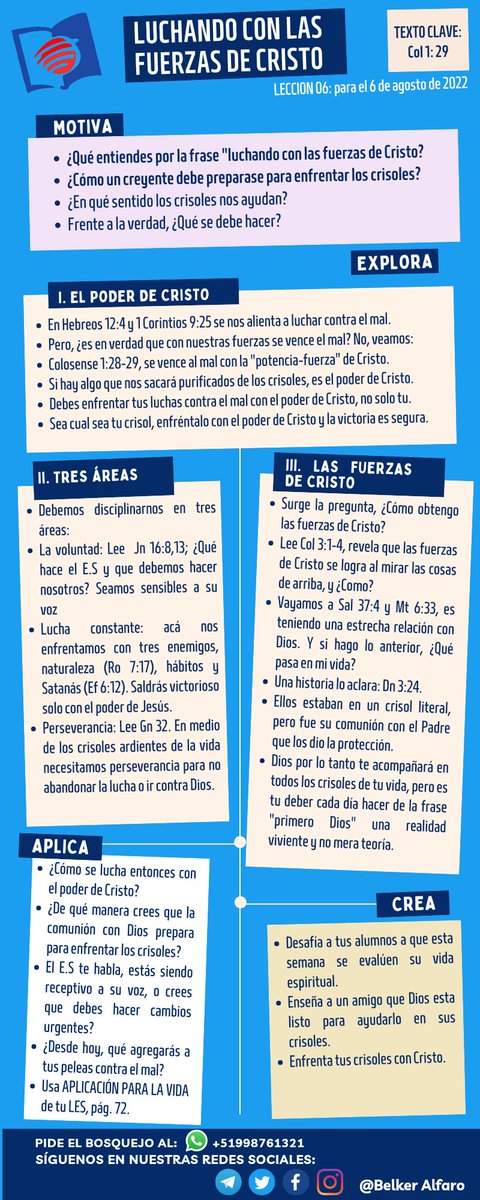 belker_ab's tweet photo. REPASEMOS LA LECCIÓN
#LESAdv | Lección 0️⃣6️⃣
"LUCHANDO CON LAS FUERZAS DE CRISTO", para el sábado 06 de agosto del 2022, por Belker Alfaro.
Un material especialmente para maestros de Escuela Sabática.
Lee,medita imprime y no olvides compartir. https://t.co/Cn8EklhZYj