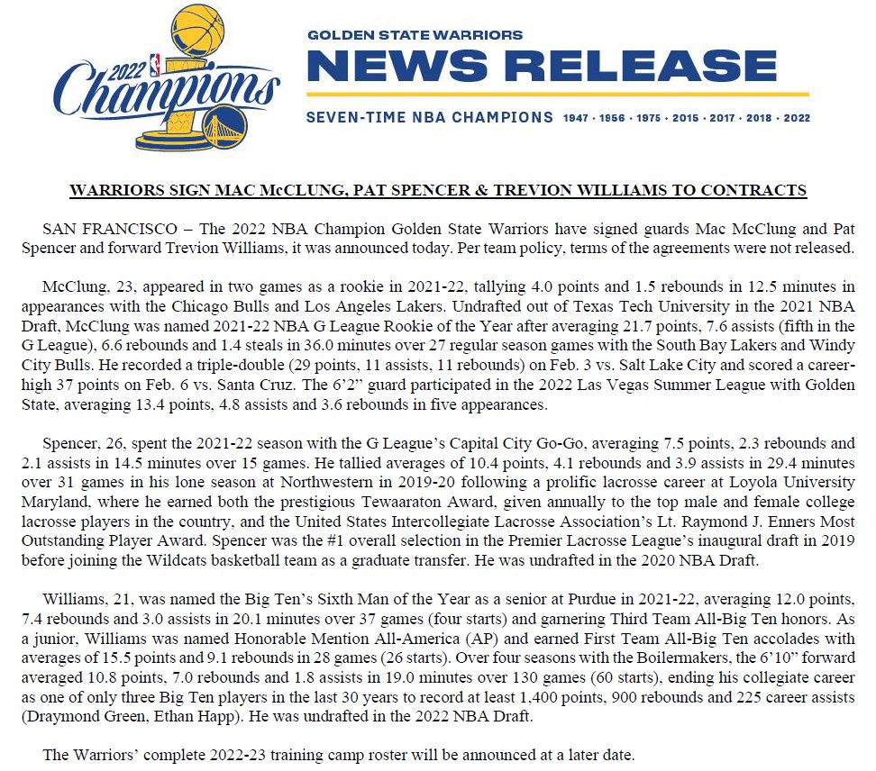 Warriors sign Mac McClung, Pat Spencer &amp; Trevion Williams: