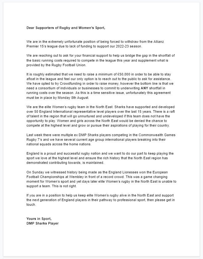 Mackenzie_04's tweet photo. If you love rugby, please read. If you support women’s sport, please read. If you believe the North East of England should have the opportunity to compete in the highest league in the country, then PLEASE READ! 

This is DMP Sharks last dance. 

We need your support 💙 https://t.co/Y2RXIljl8C