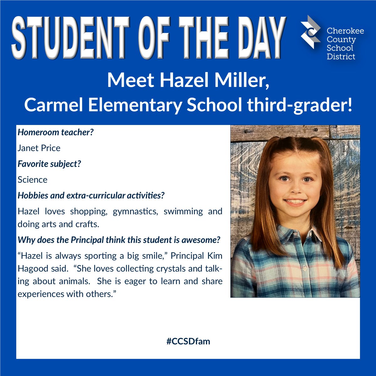 CherokeeSchools's tweet photo. CCSD's "Student of the Day" is announced on WLJA 101.1 FM between 7-7:15 a.m. and 5-5:15 p.m. each school day, and we highlight these outstanding students here, too. #CCSDfam https://t.co/kKv8ybulD6