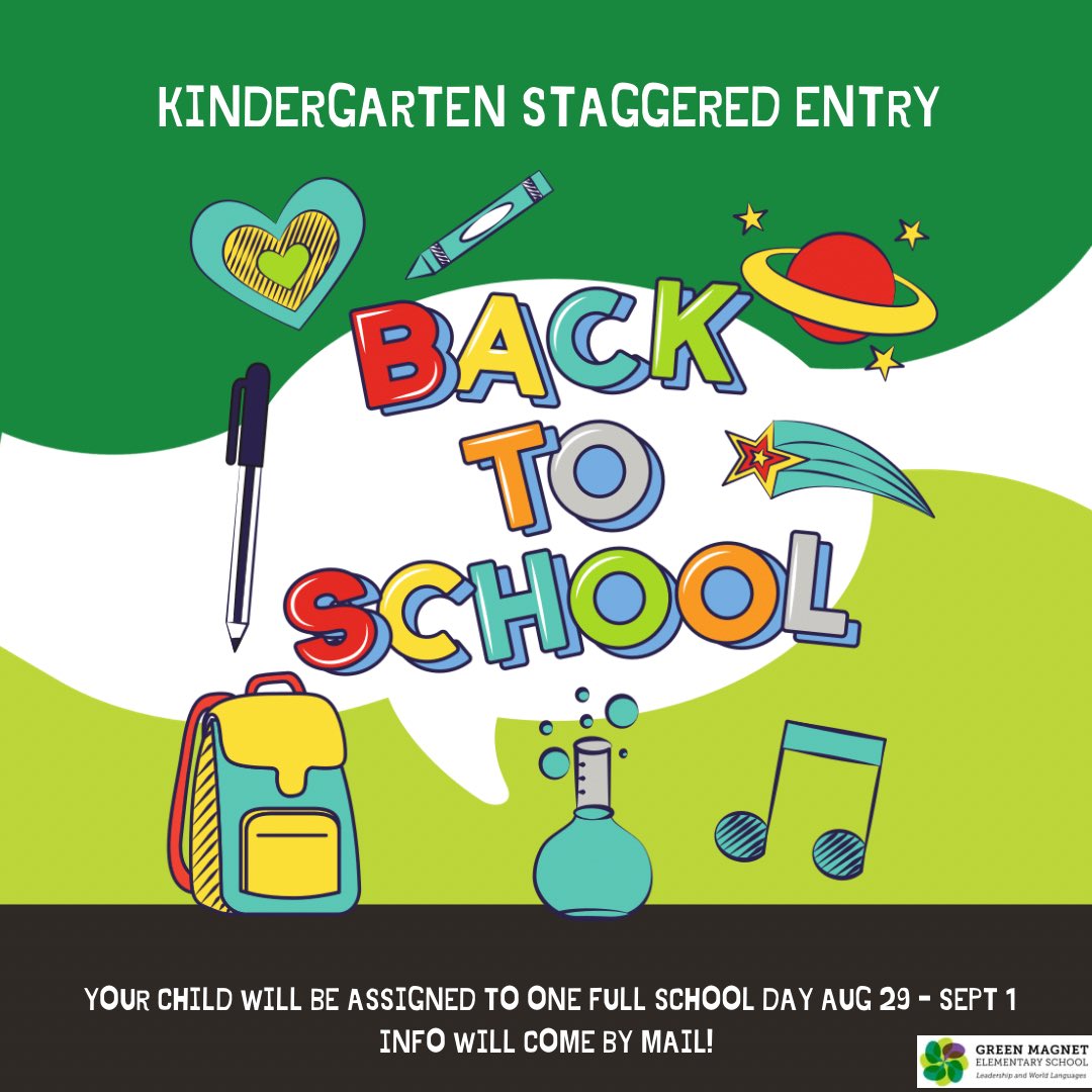 Rising kindergarten students only attend school on one day during the first week of school. This allows teachers to devote more time and learn about your student at the start of the year. Your child will be assigned to one full school day August 29 – September 1 <a href="/GreenESLeaders/">GreenES Leaders</a>