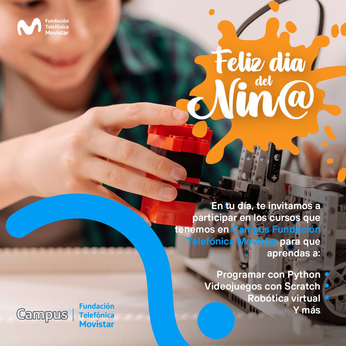 🎁En este #DíaDelÑiño queremos invitarte a que conozcas nuestros cursos en Campus Fundación Telefónica Movistar sobre Robótica Virtual🤖, programación💻, videojuegos🎮 y más.

👉Sigamos aprendiendo juntos para superar la brecha digital en campus.fundaciontelefonicamovistar.com