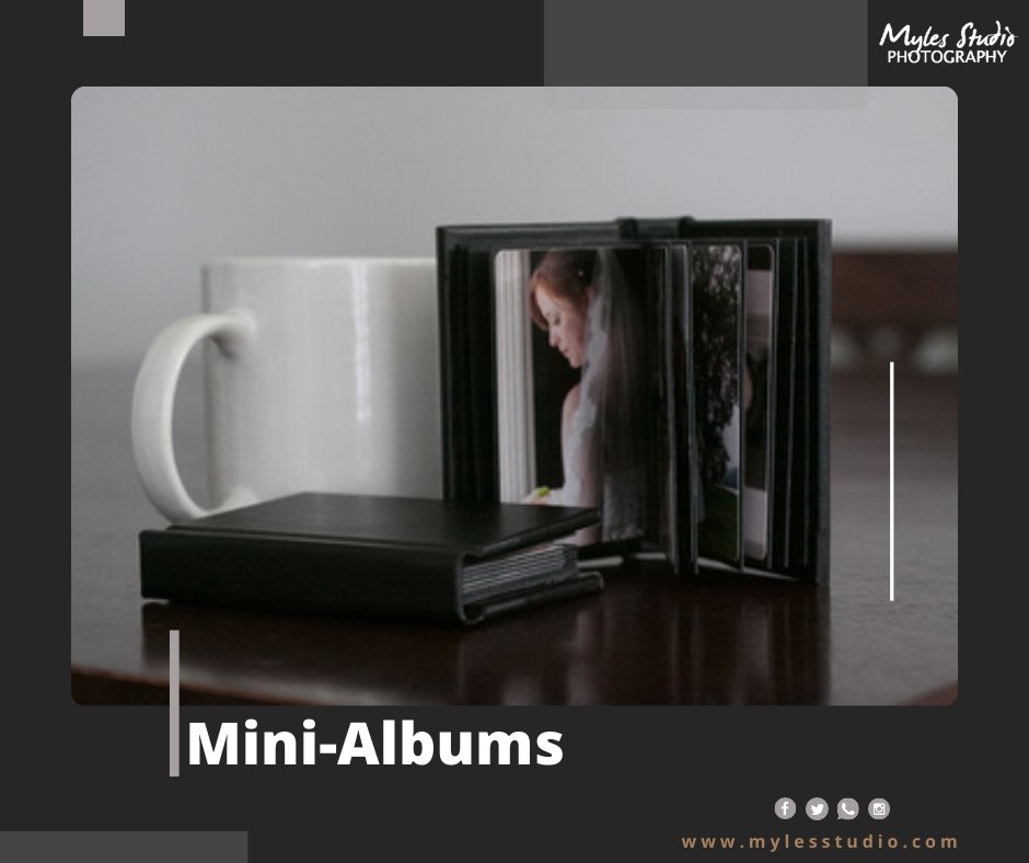 These little albums hold wallet size photos, making a great keepsake. Also referred to as a brag book, because it allows you to carry it anywhere, and "brag" about your wedding.
For booking and other details visit: mylesstudio.com