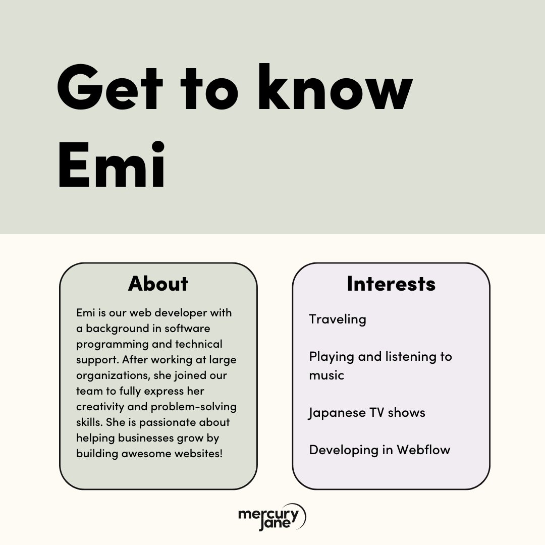 mercuryjmedia's tweet photo. Introducing our full-stack developer, Emi! She is great at problem-solving and coming up with creative solutions when working in Webflow and Shopify. Click the link in our bio to to book a discovery call and get an awesome website developed by Emi! 💻 https://t.co/O4nY2vNk9P