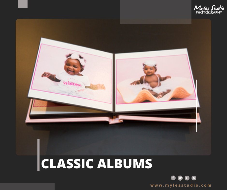 Our 5x5 Classic album allows for 10 photos on the inside, with a cameo image on the outside. It's available in Black or Pink. Makes an awesome gift for parents, grandparents, and those special people in your life.
For booking and other details visit: mylesstudio.com