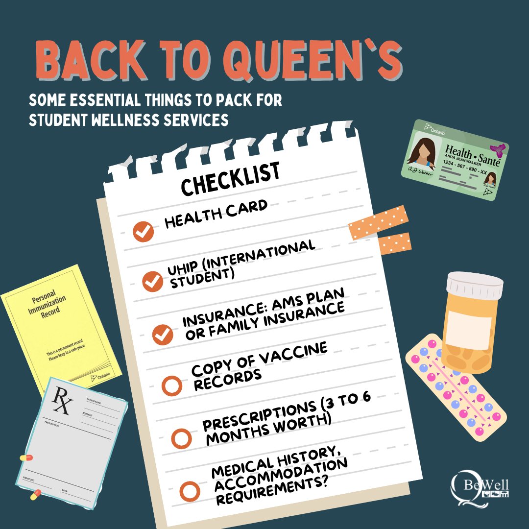 Planning on what to pack when you come to Queen's in a few weeks? Check out our list of some of the key things you'll need!

For more information and to learn more about Student Wellness Services, visit our website queensu.ca/studentwellness. Link in bio!