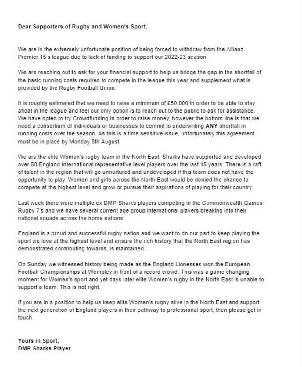 nickheathsport's tweet photo. It’s been a tough ride at @DMP_Sharks.

The players have launched a Crowdfunder with an open letter declaring the club may have to withdraw from the new @Premier15s season.

Perhaps explains the postponement of the fixtures announcement due this week.

https://t.co/FRmt6pxS0k https://t.co/dytKPHpsM4