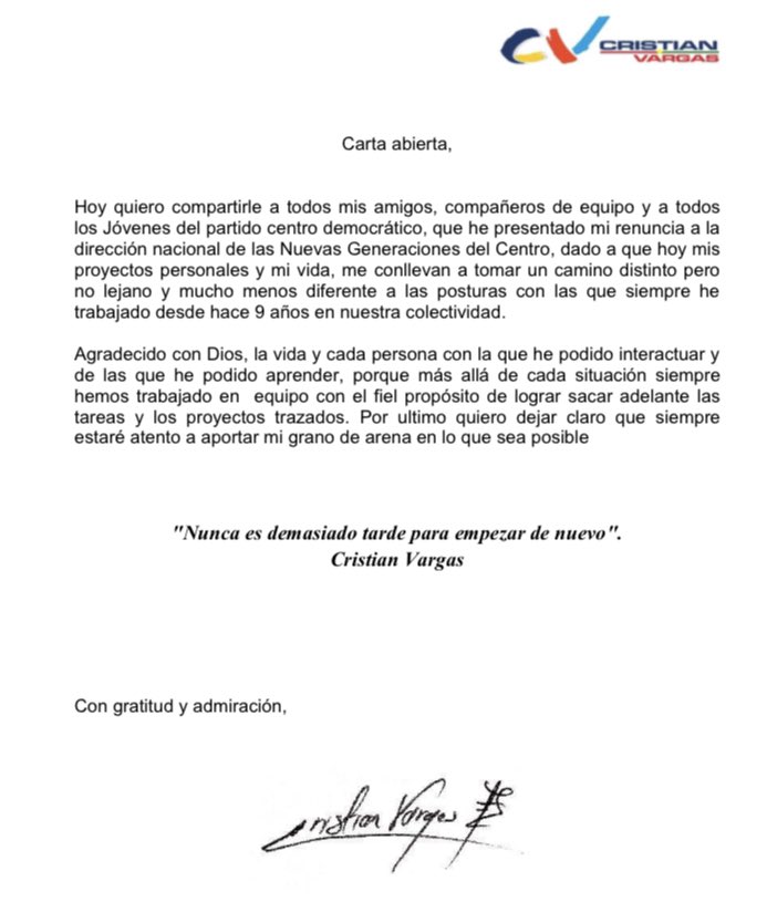 Hoy he presentado mi Renuncia a la Dirección Nacional de <a href="/NvaGeneracionDC/">Nueva Generación Del Centro</a> <a href="/CeDemocratico/">Centro Democrático</a>. Agradezco a Dios primeramente, al Presidente <a href="/AlvaroUribeVel/">Álvaro Uribe Vélez</a>, Senador <a href="/JAlirioBarreraR/">Alirio Barrera🐴</a> y a todos los JÓVENES Y AMIGOS, por su apoyo y l oportunidad de servirles. 
Dios nos guíe 🇨🇴🇧🇫
