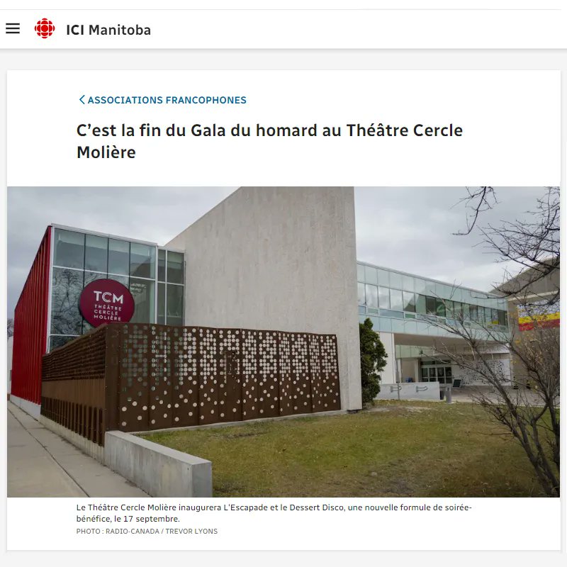 Notre traditionnel Gala du homard laisse place à une nouvelle formule plus accessible, comme l'explique cet article <a href="/icimanitoba/">Radio-Canada Manitoba</a>: buff.ly/3A9LTkd   
Participez à notre nouvel événement de prélèvement de fonds: L'Escapade suivi de Dessert Disco ➡️ Cerclemoliere.com