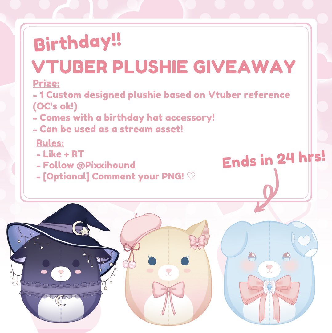 ♡︎ #VTUBER PLUSHIE GIVEAWAY ♡︎

Super quick giveaway for my birthday!! I wanna share the love and thank you guys for all your support!! 🥺💞 

🌷 TO ENTER:
- Follow + Like + RT (new followers welcome!)

✨ ENDS IN 24 HRS ✨

#VTuberEN #artgiveaway #artraffle #VTuberUprising