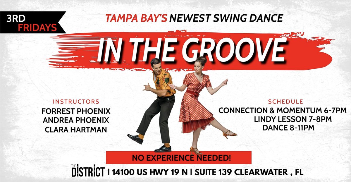 LindyHop_StPete's tweet photo. Join us on Aug. 19th at the In The Groove Bay Area Lindy Hop Swing Dance! 
Location: The District in Clearwater on 14100 US Hwy 19 N, Clearwater, Florida
Spotify Playlist: https://t.co/i6paG8Ufh3
#StPete #swingdance #lindyhop #jazzmusic #tampabay https://t.co/y8UMgXndFj