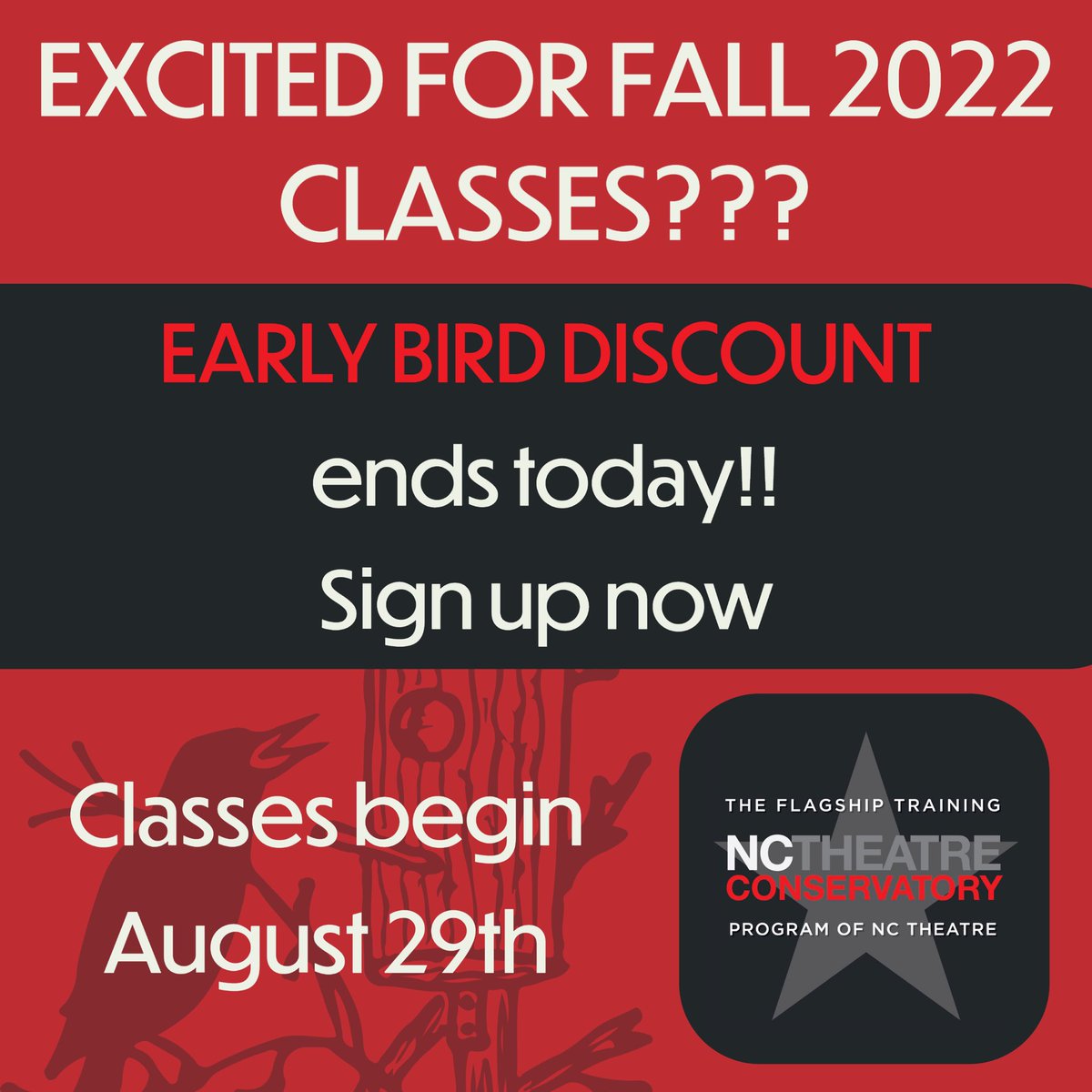nctconservatory's tweet photo. Don't miss out on our Early Bird Discount for Fall 2022 classes!! Sign up now on the conservatory website before time runs out! https://t.co/IzFCCUlIl4