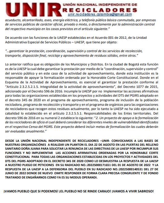 Comunicado al Gobierno Nacional entrante y a la opinión pública sobre las problemáticas actuales del gremio reciclador de Oficio.