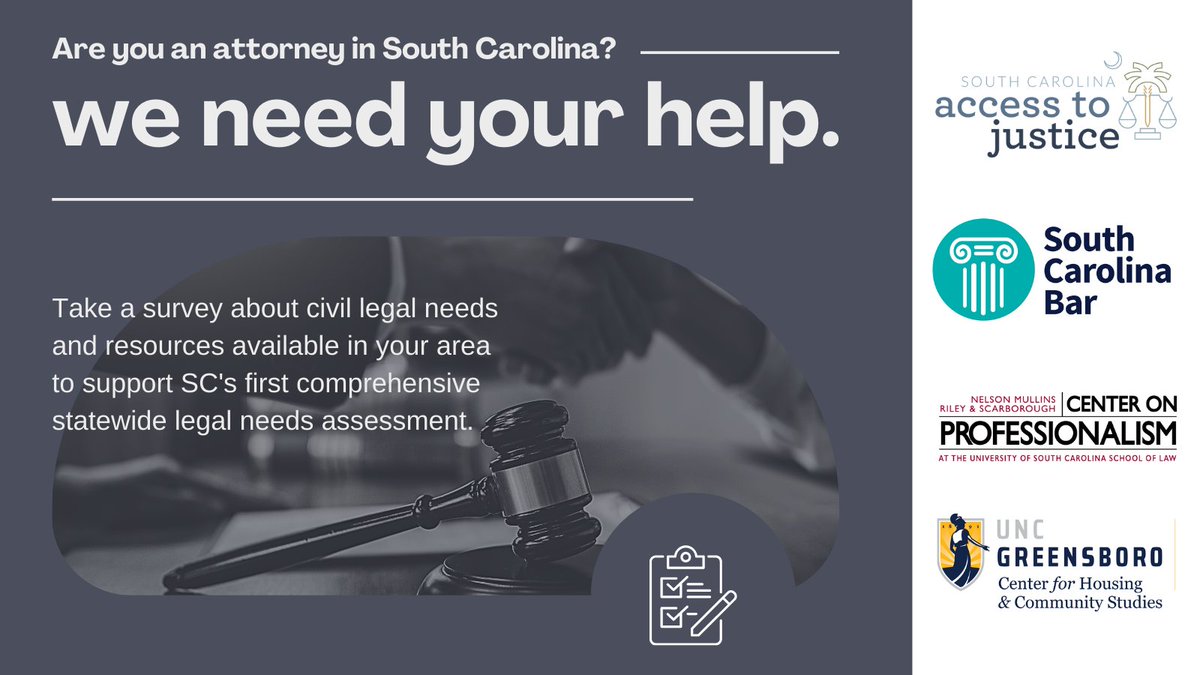SCBAR's tweet photo. Check your email 📧 for the @SCATJ survey sent to all members. Learn more and take the survey 💻to support SC's first comprehensive statewide legal needs assessment: https://t.co/tCodA3g7iy https://t.co/WdmxIKUDcB
