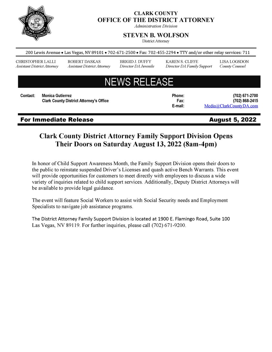 LasVegasDA's tweet photo. Clark County District Attorney Family Support Division Opens Their Doors on Saturday, August 13, 2022 (8am - 4pm)
@LasVegasDA https://t.co/W8PpGKxIRv