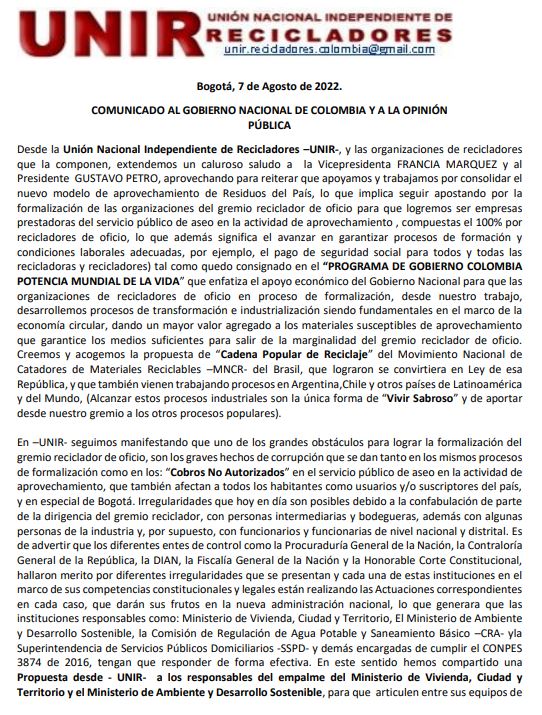 EMRS_ESP's tweet photo. Comunicado al Gobierno Nacional entrante y a la opinión pública sobre las problemáticas actuales del gremio reciclador de Oficio. https://t.co/nfYtRnECHx