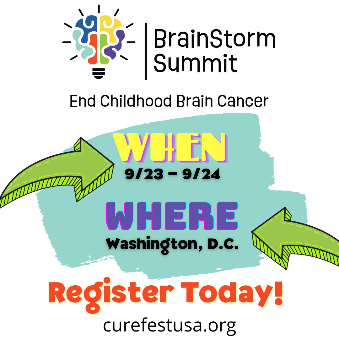 REGISTER NOW! A NEW FOCUS ON PEDIATRIC BRAIN TUMORS AT <a href="/CureFestUSA/">CureFest</a> THIS YEAR!!!

When: Fri &amp; Sat, 9/23 - 9/24 
Where: Washington DC
How:
STEP 1: curefestusa.org/register
STEP 2: runsignup.com/Race/DC/Washin…
STEP 3: Book a hotel curefestusa.org/hotels

#DDRFA
#BrainstormSummit
