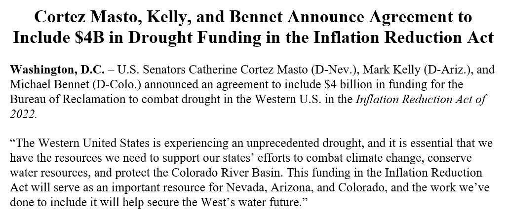 SenCortezMasto's tweet photo. Proud to join @SenMarkKelly and @SenatorBennet in securing $4 billion in the Inflation Reduction Act to combat drought in the Western U.S.

Read our statement below. https://t.co/CvqwCmW8xn
