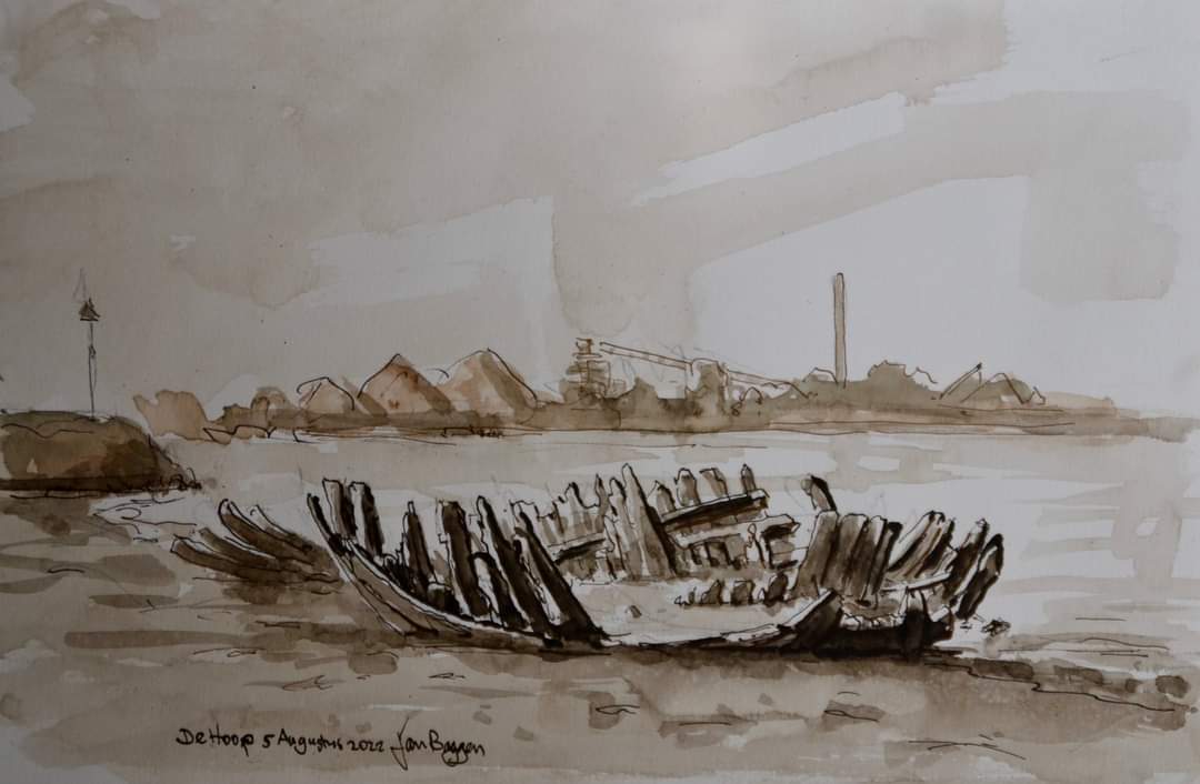 Stg_ActiefSpijk's tweet image. In 1895 explodeerde het #dynamietschip #Reimer tegenover #Spijk, bij #Griethausen. Alleen bij zeer laag water #Rijn komen de restanten weer boven. Een buitenkansje om dit #wrak eens te gaan tekenen.

Jan Baggen Atelier