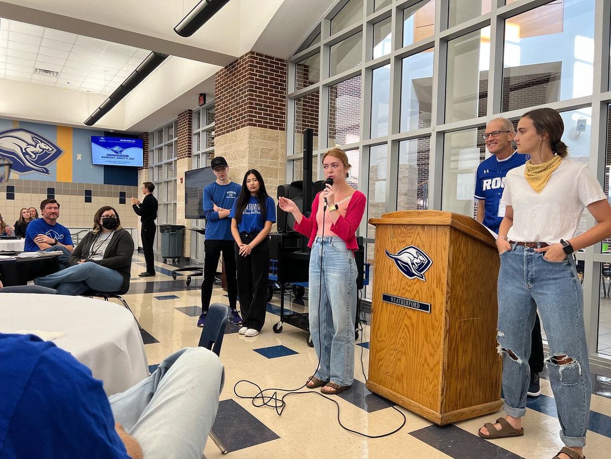 WHS_Roos's tweet photo. So impressed by these students and all they do and how well spoken they were in addressing the WHS staff today! #RooNation #RoosRising #BeARoo @WeatherfordISD https://t.co/9xVRVV0FR8