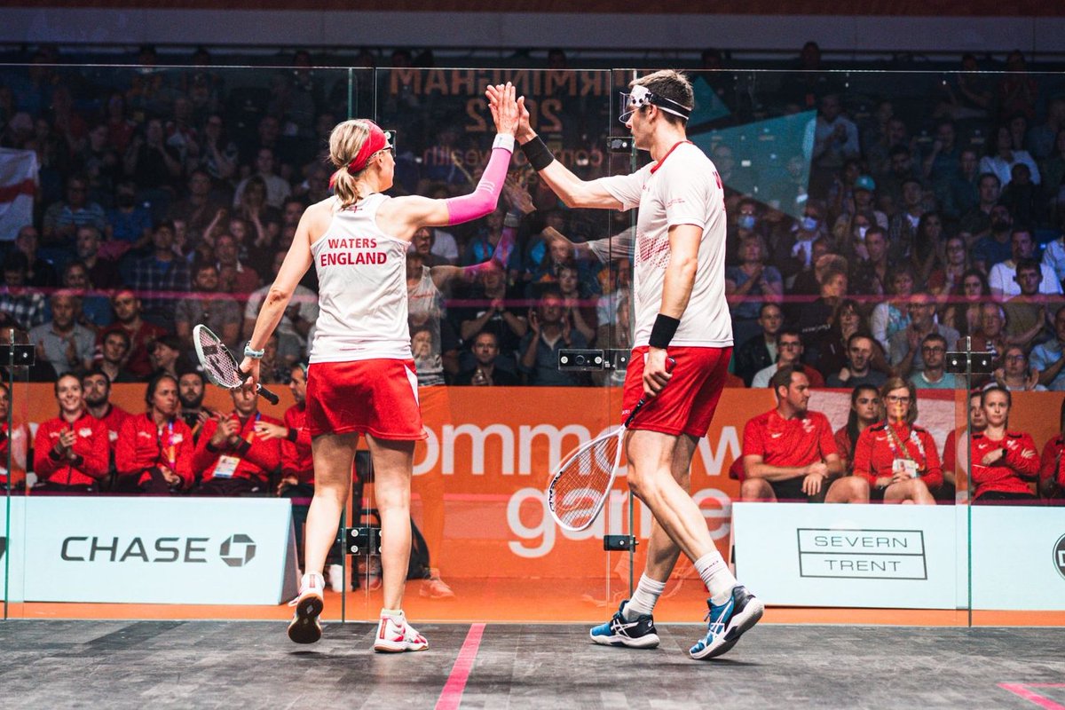 englandsquash's tweet photo. Last four!✅

A remarkable comeback from Team England's @Aliwat1 &amp; @Adiewaller (ENG) seals their spot in the semis 👏

Result: [2] Waters &amp; Waller (ENG) bt [3/4] Evans &amp; Makin (WAL) 2-1: 4-11, 11-8, 11-5

#CommonwealthGames #B2022 #Birmingham2022 https://t.co/hfieKFCzNJ