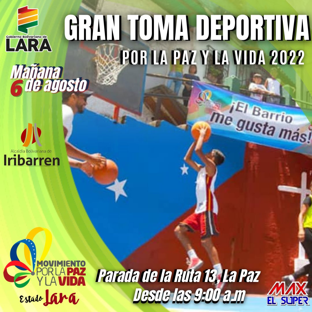 #5Ago Esto es mañana en el Barrio la Paz, parada de la Ruta 13.

🎯 La Gran Toma Deportiva por la Paz y la Vida.

@AdolfoP_Oficial
@NicolasMaduro
@vargas_mimou
@FunMovPazYVida1
@Educacionlara
@gobiernodelara
@FUNDELA_LARA
#VenezuelaEsPaz