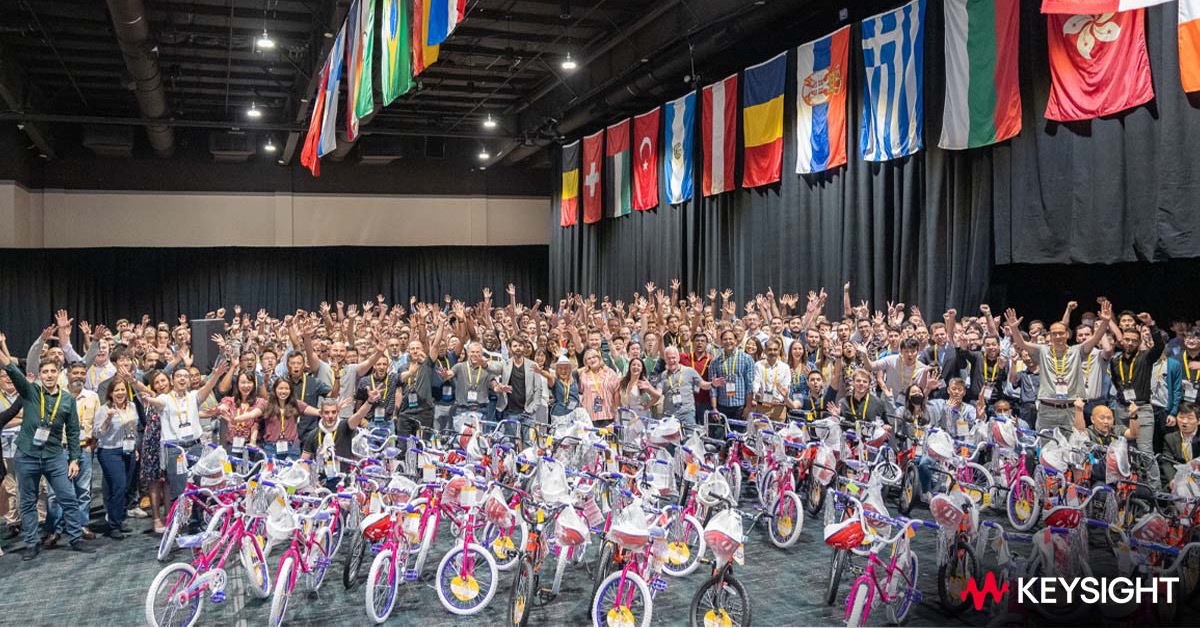 Keysight's tweet photo. For the first time in three years, Keysight Global Sales hosted its annual Insight in-person event, celebrating the theme of being “Stronger Together”. Pictured is the team showcasing bikes built for charity. #KeysightLife #GreatPlacetoWork https://t.co/JWrpJEfq5q