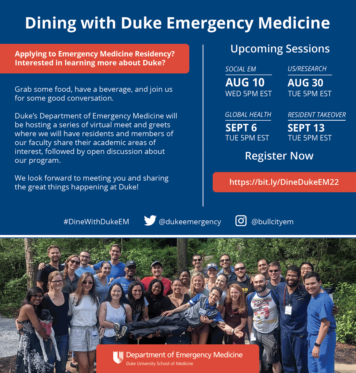📢 Applying to Emergency Medicine Residency this year? Want to learn more about #DukeEmergencyMedicine? Join us virtually to learn more and meet our faculty &amp; residents. 
Click here to register: bit.ly/DineDukeEM22. We look forward to meeting you! #Match2023 #MedTwitter