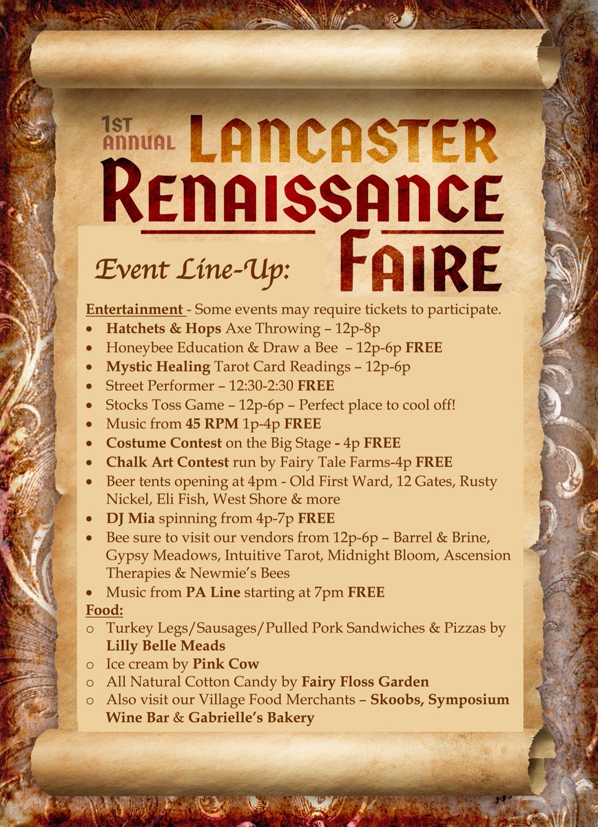 LancasterVill's tweet photo. Here’s the schedule for the day and some more information about the Lancaster Renaissance Street Faire TOMORROW!
Check out @lillybellemeads for more information! https://t.co/EW8W4KVLnS