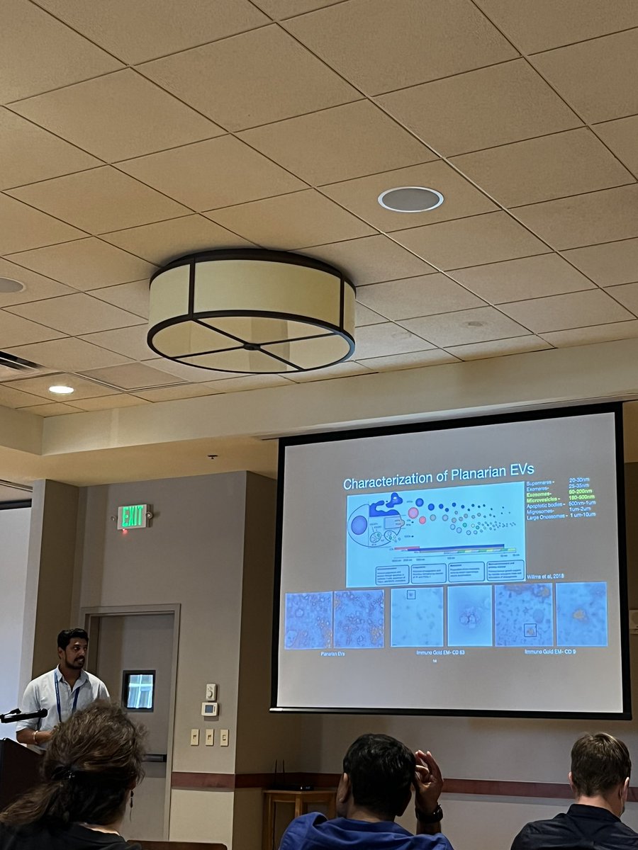 ScienceStowers's tweet photo. Anand Sasidharan, @Planaria1 Lab, discussing his work on the #molecular mechanism mediating cell-cell communication during #regeneration in #planaria. #innovation #postdocretreat https://t.co/dycY9apBnv