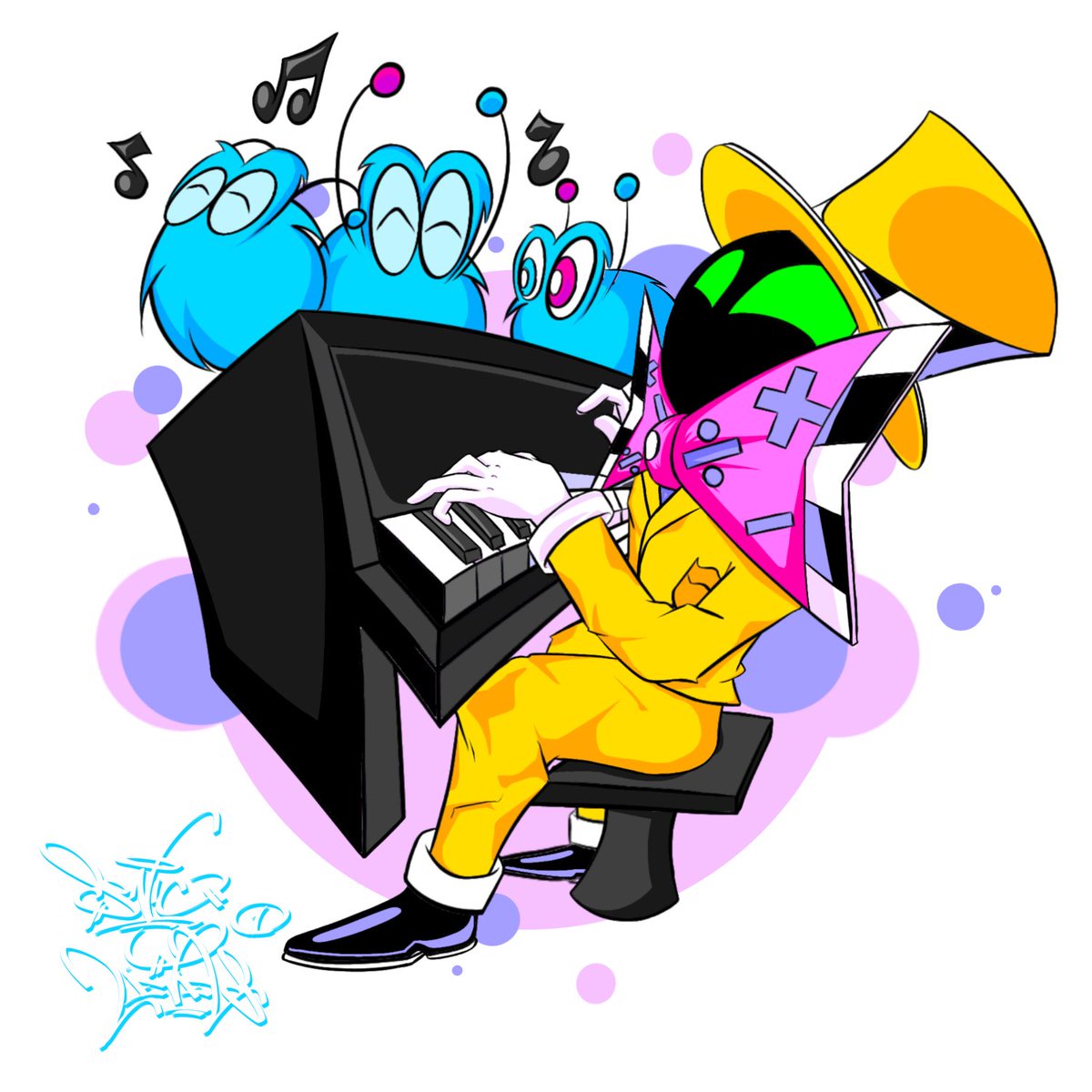 Soniclevels1's tweet photo. TODAY IS FRIDAY! Also drew the MathMagician playing the piano with furbals dancing and singing cause it’s FRIDAY🎵 🎹 #characterart #digitalart #HappyFriday #drawingoftheday https://t.co/fFenKID9tz