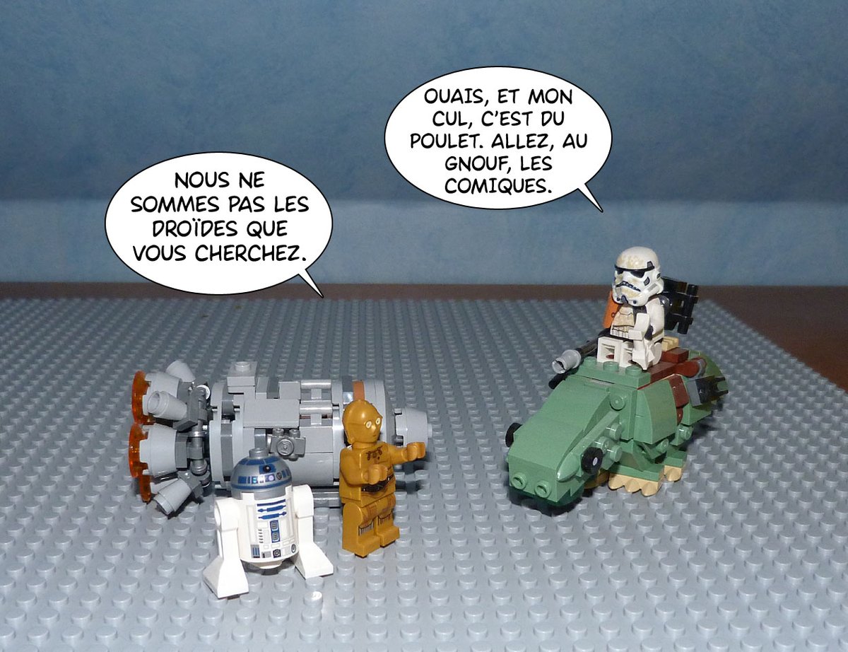 FredKunopes's tweet photo. Aujourd'hui, j'entre dans la peau de George Lucas. En quoi ça consiste ? À prendre une scène iconique de #StarWars (par exemple celle où #HanShotFirst) et faire n'importe quoi avec. Moi, j'ai choisi de massacrer la scène du contrôle d'identité des droïdes, avec des #Lego. 😇 https://t.co/GZnhSKkctW