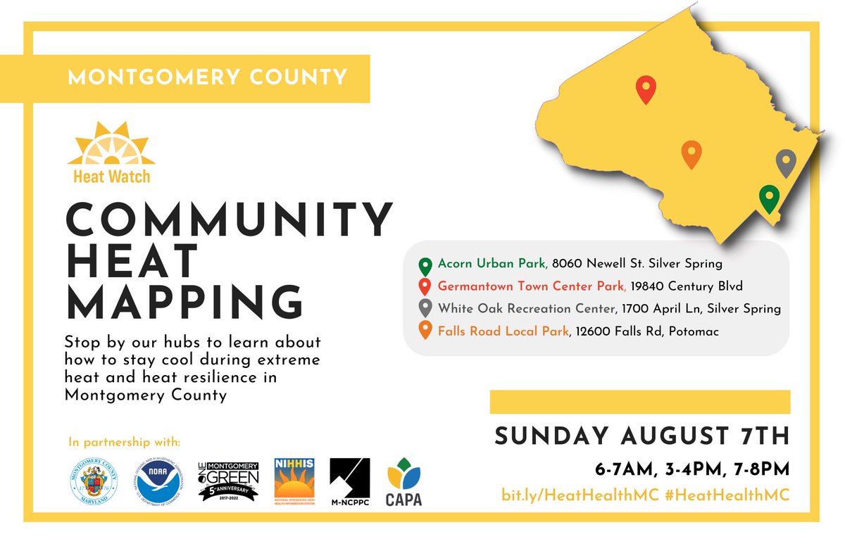 laurasivels's tweet photo. On Sunday, Montgomery County will be collecting data in urban heat islands across the county with the help of volunteer street scientists. Stop by one of the hubs to see the climate science in action! #HeatHealthMC #UrbanHeatMapping2022 https://t.co/SlJn0F3QRd