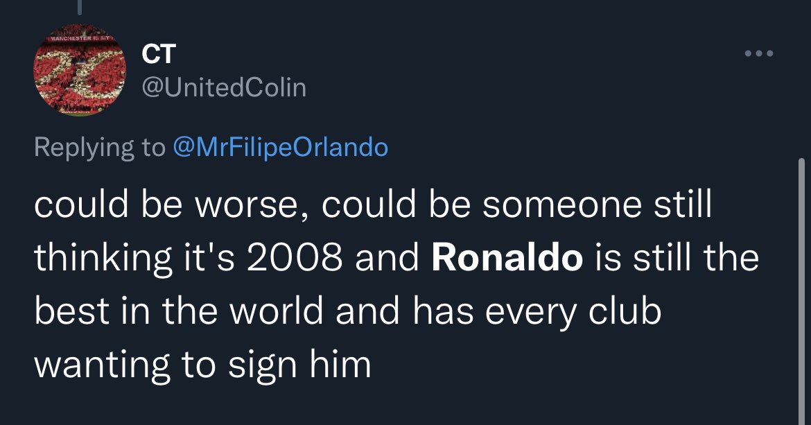 JCurtis_Dyson's tweet photo. @UnitedColin @ankitpandey508 @utdreport Lol there is about 30 posts from u always saying negative things about Ronaldo at the same time defending factual bad games from maguire . Not a single post about how bad maguire was last season lol. I wonder why https://t.co/S6msMhrxm9