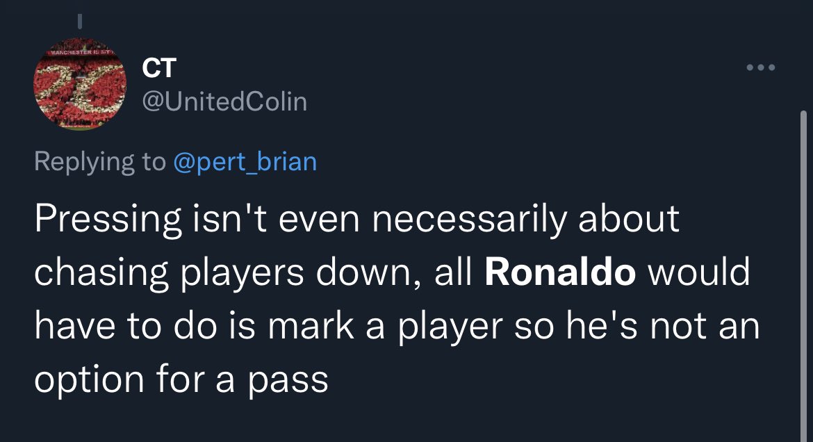 JCurtis_Dyson's tweet photo. @UnitedColin @ankitpandey508 @utdreport Lol there is about 30 posts from u always saying negative things about Ronaldo at the same time defending factual bad games from maguire . Not a single post about how bad maguire was last season lol. I wonder why https://t.co/S6msMhrxm9