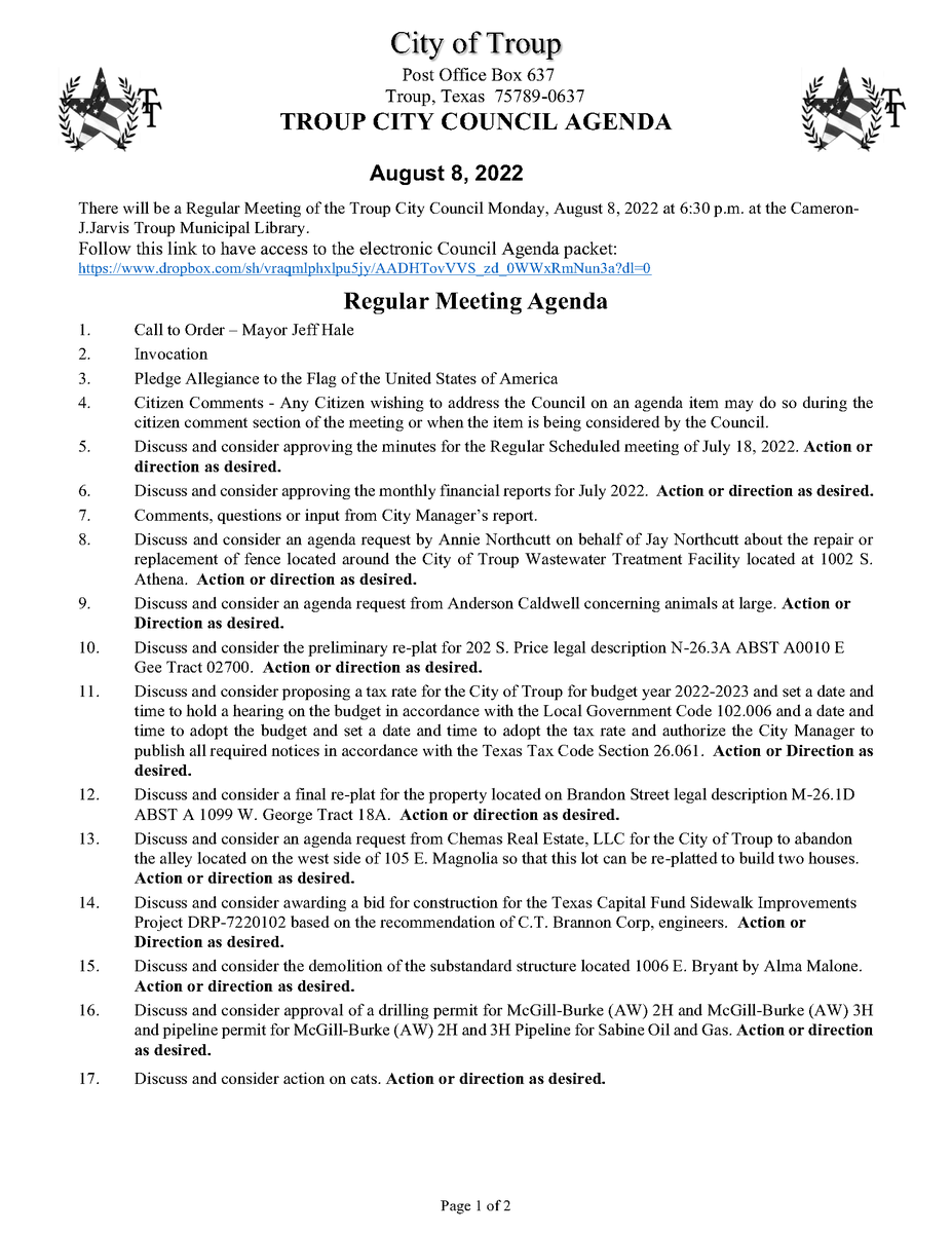TroupTexas's tweet photo. There will be a Regular Meeting of the Troup City Council Monday, August 8, 2022 at 6:30 p.m. at the Cameron-J.Jarvis Troup Municipal Library.  
Follow this link to have access to the electronic Council Agenda packet: https://t.co/TBaxlMwfzB https://t.co/HJsqpaNm1j