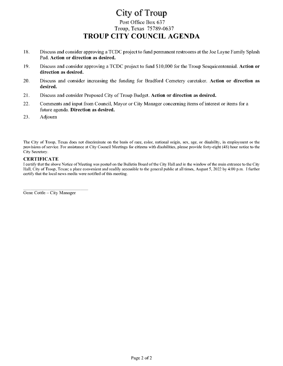 TroupTexas's tweet photo. There will be a Regular Meeting of the Troup City Council Monday, August 8, 2022 at 6:30 p.m. at the Cameron-J.Jarvis Troup Municipal Library.  
Follow this link to have access to the electronic Council Agenda packet: https://t.co/TBaxlMwfzB https://t.co/HJsqpaNm1j