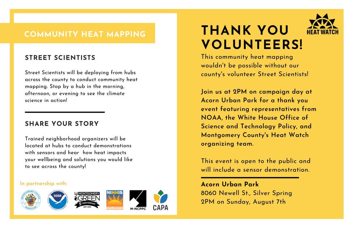 laurasivels's tweet photo. During #CAPAHeatWatch in Montgomery County on Sun, we will have a thank you event (open to public) ft. @GGoldman46 @NWSDirector @MontCoExec & @NOAAClimate. The engagement from volunteers in this campaign has been remarkable and we thank you!! 👏#HeatHealthMC #UrbanHeatMaps2022 https://t.co/krRNxrQlzJ