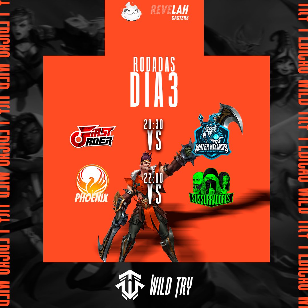 Mais um dia de campeonato aqui na WildTry 🔥🔥

Hoje temos as equipes:
20:30 
First Blood x Water Wizards
22H
Phoeniz x Susurradores

E devidamente narrado pelas maravilhosas @samiichan_  e <a href="/sudleslol/">sudles</a> 👏🏻👏🏻. 

Parcerias:
<a href="/pororaivoso/">Poro Raivoso - Wild Rift</a> 
<a href="/RevelahCasters/">ReveLAH Casters</a>