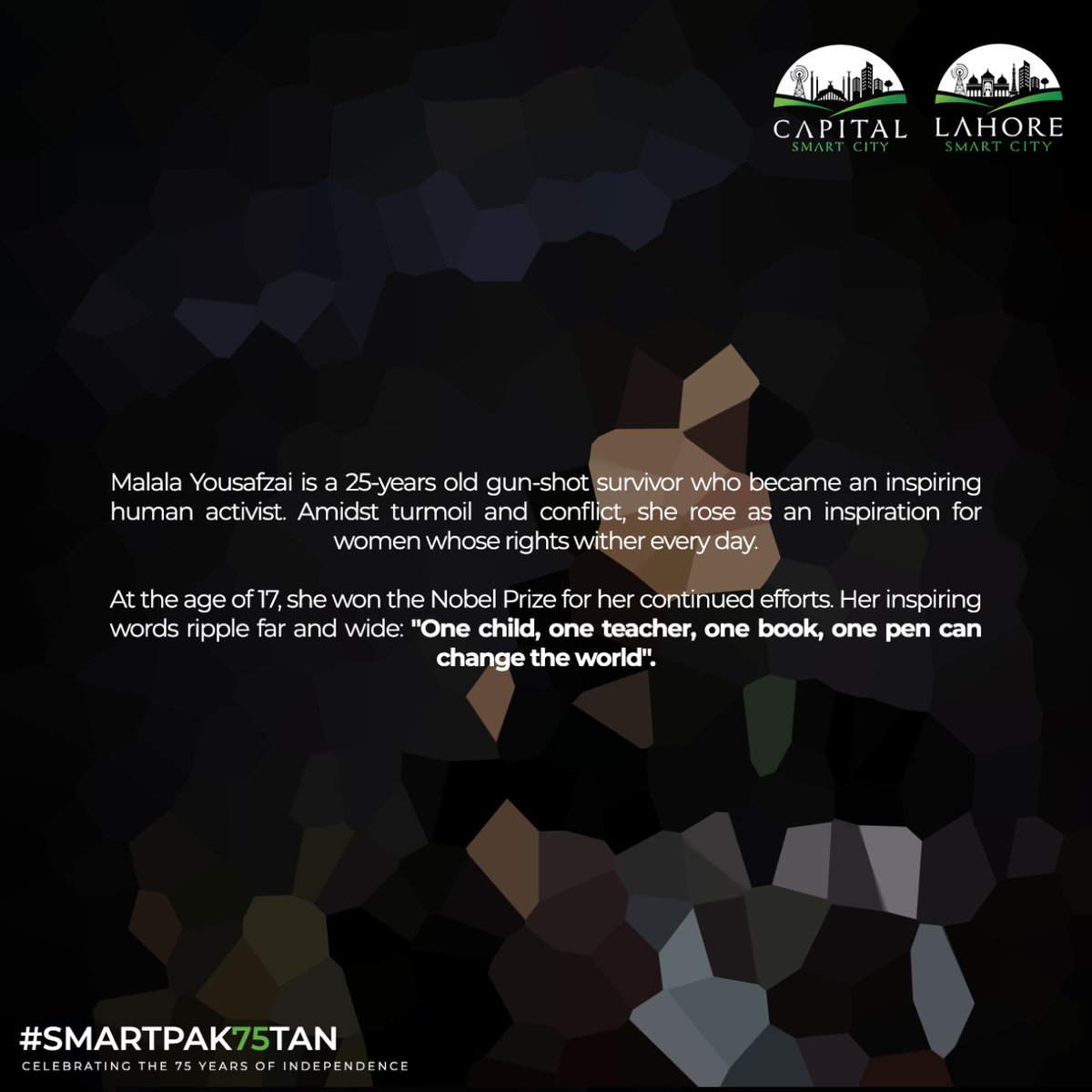 lahoresmartcity's tweet photo. Malala Yousafzai was a Nobel laureate at the age of 17.
Her journey hallmarked her struggle against oppression. She has brightened the name of Pakistan.
#SMARTPAK75TAN
#SmartProdigies #SmartCity #NobelPeacePrize #Malala https://t.co/fAU202PdBE