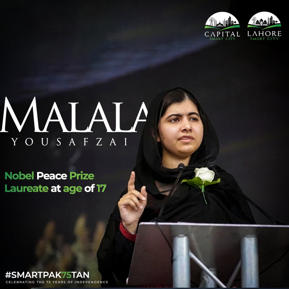 lahoresmartcity's tweet photo. Malala Yousafzai was a Nobel laureate at the age of 17.
Her journey hallmarked her struggle against oppression. She has brightened the name of Pakistan.
#SMARTPAK75TAN
#SmartProdigies #SmartCity #NobelPeacePrize #Malala https://t.co/fAU202PdBE