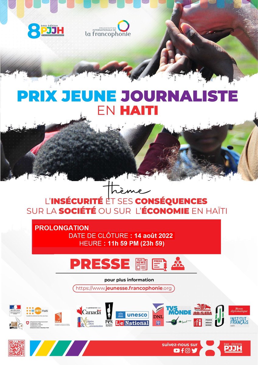 rbhAyiti's tweet photo. [PROLONGATION] 🔴
Candidates, candidats, vous avez jusqu’au 14 août 2022 pour déposer votre candidature pour le Prix jeune journaliste en Haïti. https://t.co/5NMEYOEjYc