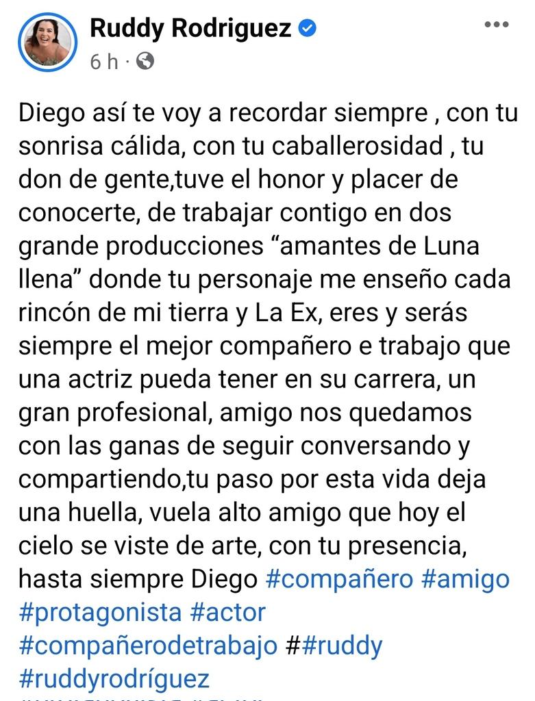 Shey2403's tweet photo. Otra actriz internacional, hace llegar mensaje de condolencia, por la pronta partida a su amigo y compañero Diego Bertie. #RuddyRodriguez https://t.co/8OSbfQRE39