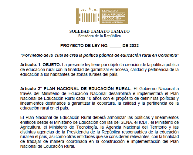 NormatividadCEL's tweet photo. PL 039/2022 Por medio de la cual se crea la política pública de educación rural en Colombia @SoledadTamayoT  https://t.co/ZRLwrdWGxd https://t.co/1qYWirGTVa