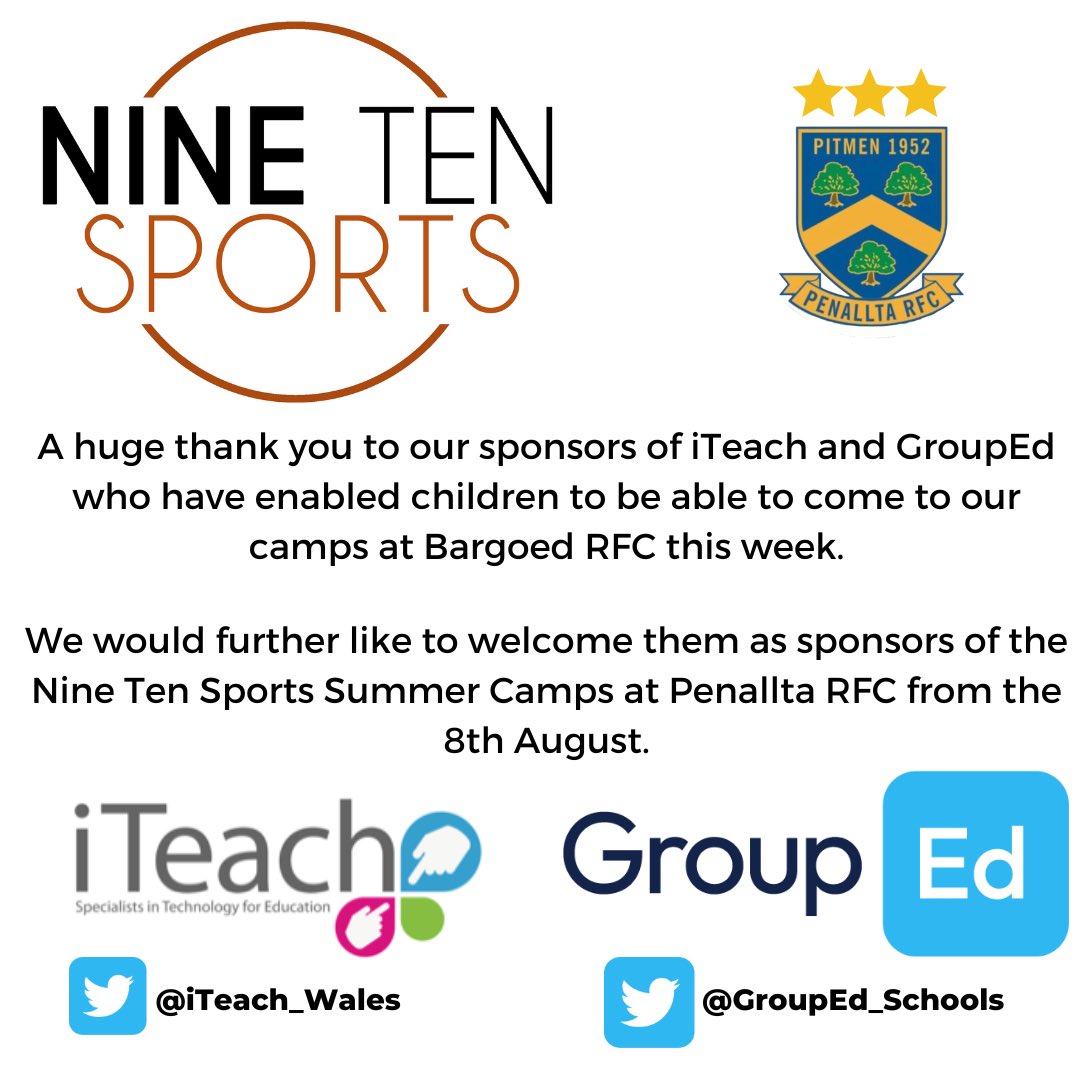 910Sports's tweet image. Check out our sponsors social media pages @iTeach_Wales @GroupEd_Schools who have given the opportunity to children to be able to come to our summer Camps. #learnlikeapro