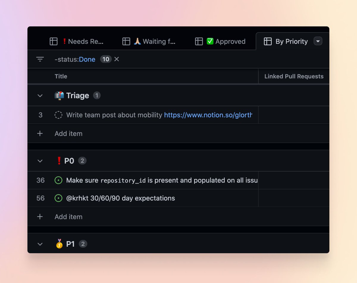 github's tweet photo. We’ve got to-do lists for just about everything. 📝 

But did you know you could use GitHub Projects to organize your personal productivity? See how some of us use Projects for tracking our own work. https://t.co/hON5ZpUOBe https://t.co/8iFsqdsclf